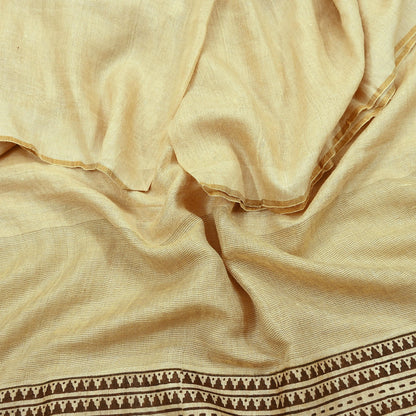 Indian Vintage Beige Dupatta Long Stole Block Print Pure Chanderi Silk Scarves Veil Floral Design Upcycle Party wear hijab Zari Border