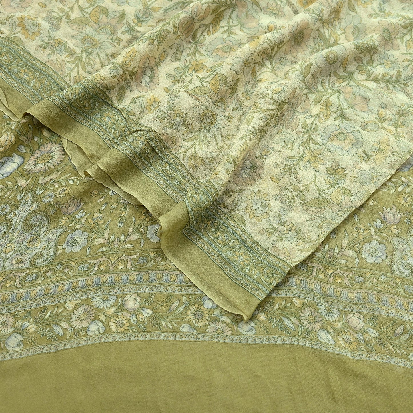 Indian Vintage Dupatta Green & Ivory Long Stole printed stole Pure Georgette Silk Scarves Veil Wrap Soft