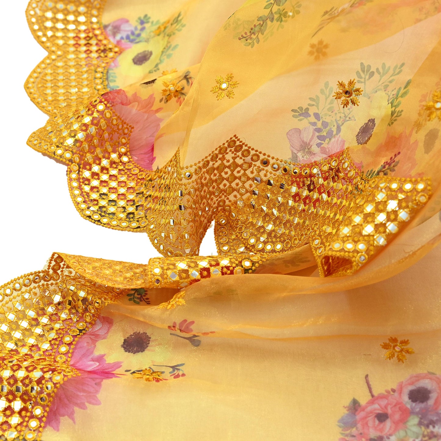Indian Vintage Dupatta Saffron Long Stole Hand Embroidered Tissue Scarves Veil Mirror Zari Soft Scarf Wrap Boho