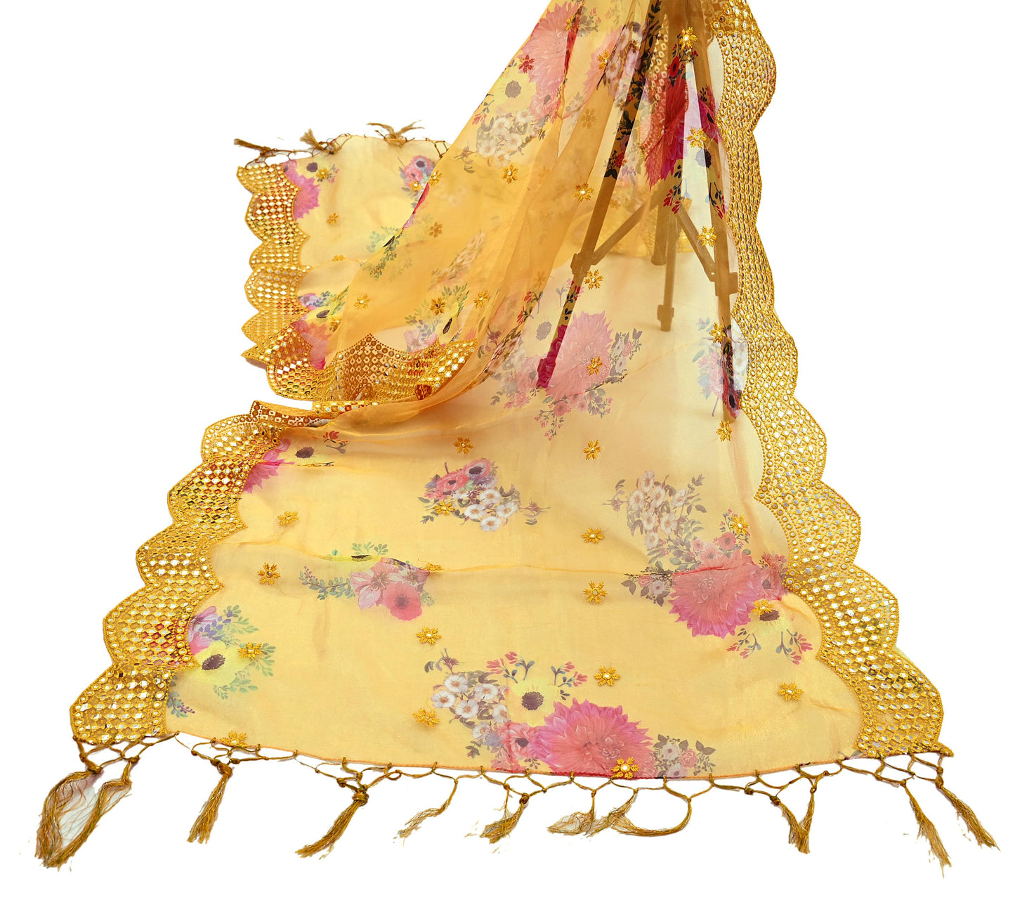 Indian Vintage Dupatta Saffron Long Stole Hand Embroidered Tissue Scarves Veil Mirror Zari Soft Scarf Wrap Boho