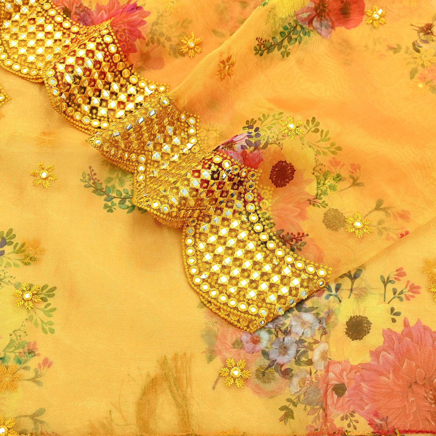 Indian Vintage Dupatta Saffron Long Stole Hand Embroidered Tissue Scarves Veil Mirror Zari Soft Scarf Wrap Boho