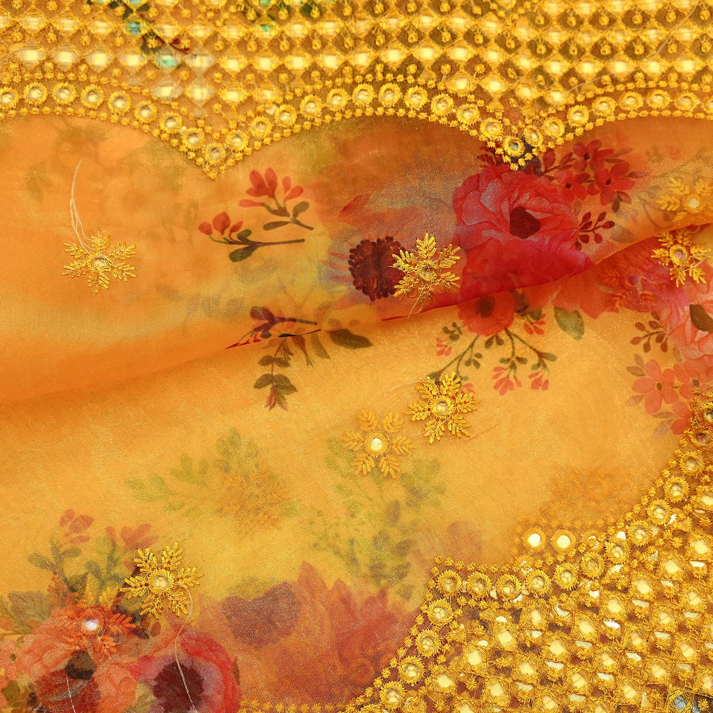 Indian Vintage Dupatta Saffron Long Stole Hand Embroidered Tissue Scarves Veil Mirror Zari Soft Scarf Wrap Boho