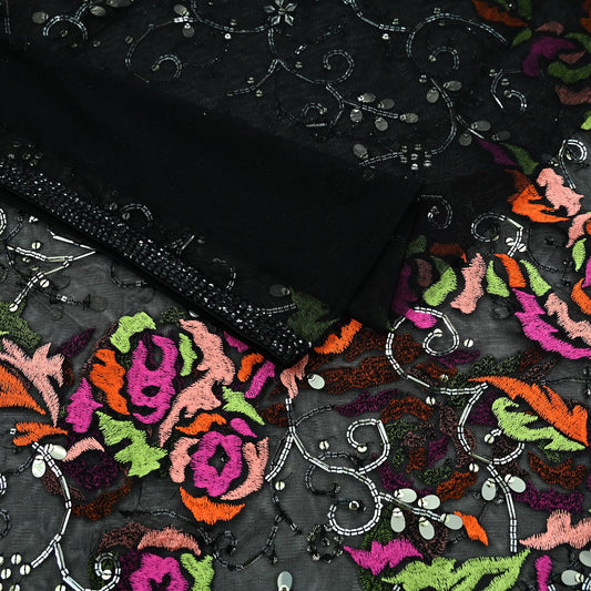 Indian Vintage Black Dupatta Net Mesh Long Stole Hand Embroidered Scarves Sequins Veil Hijab Party Wear