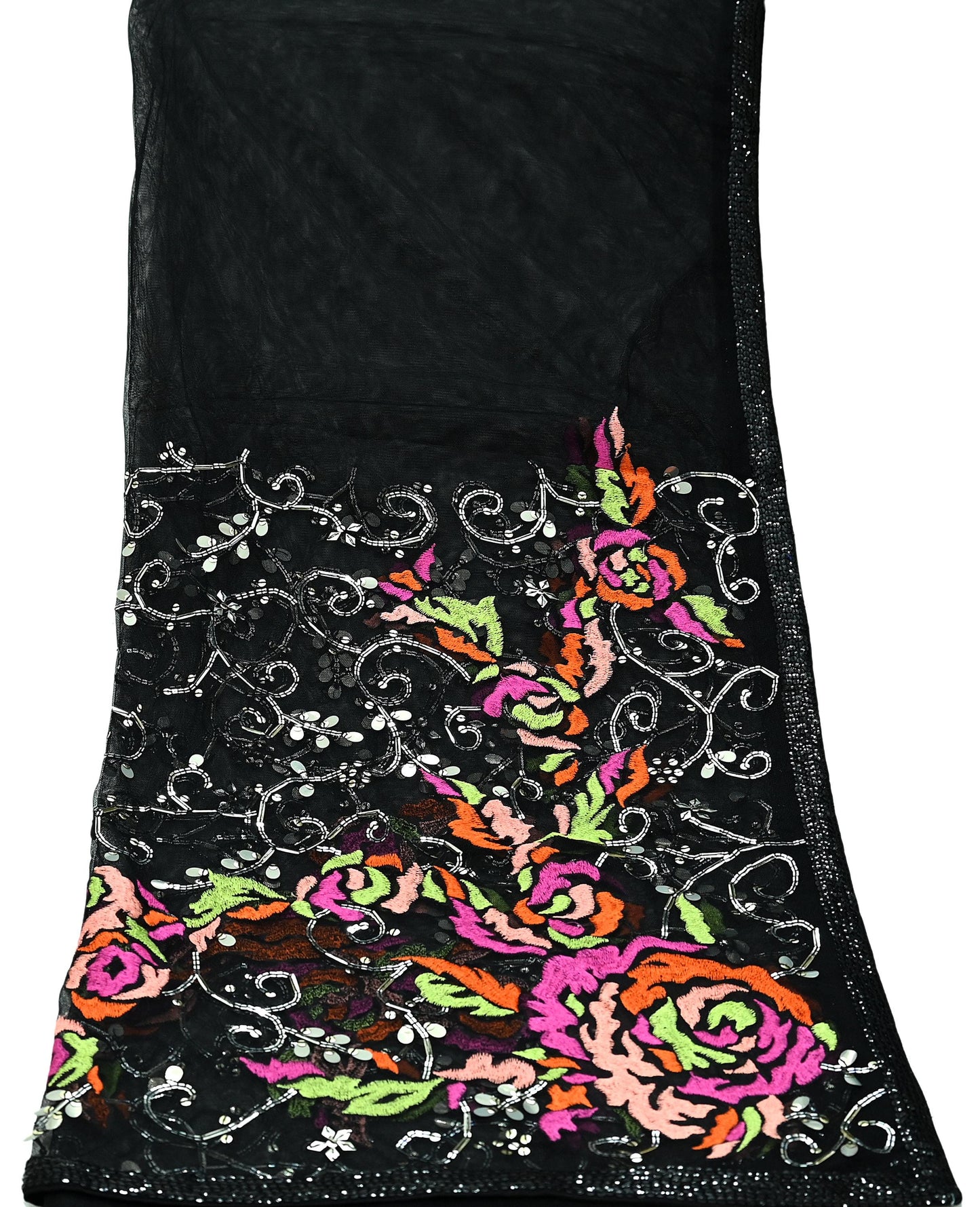 Indian Vintage Black Dupatta Net Mesh Long Stole Hand Embroidered Scarves Sequins Veil Hijab Party Wear