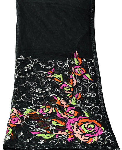 Indian Vintage Black Dupatta Net Mesh Long Stole Hand Embroidered Scarves Sequins Veil Hijab Party Wear