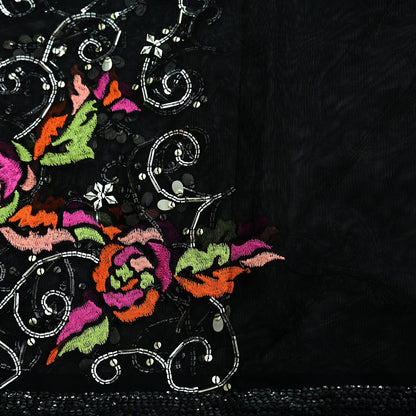 Indian Vintage Black Dupatta Net Mesh Long Stole Hand Embroidered Scarves Sequins Veil Hijab Party Wear