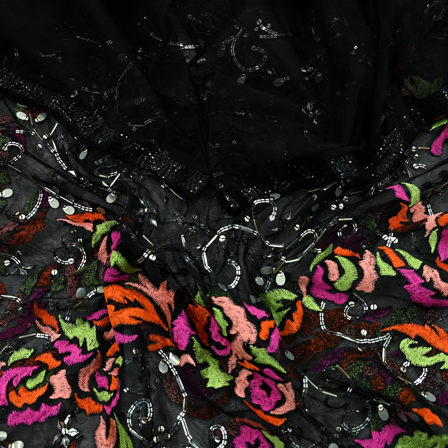 Indian Vintage Black Dupatta Net Mesh Long Stole Hand Embroidered Scarves Sequins Veil Hijab Party Wear