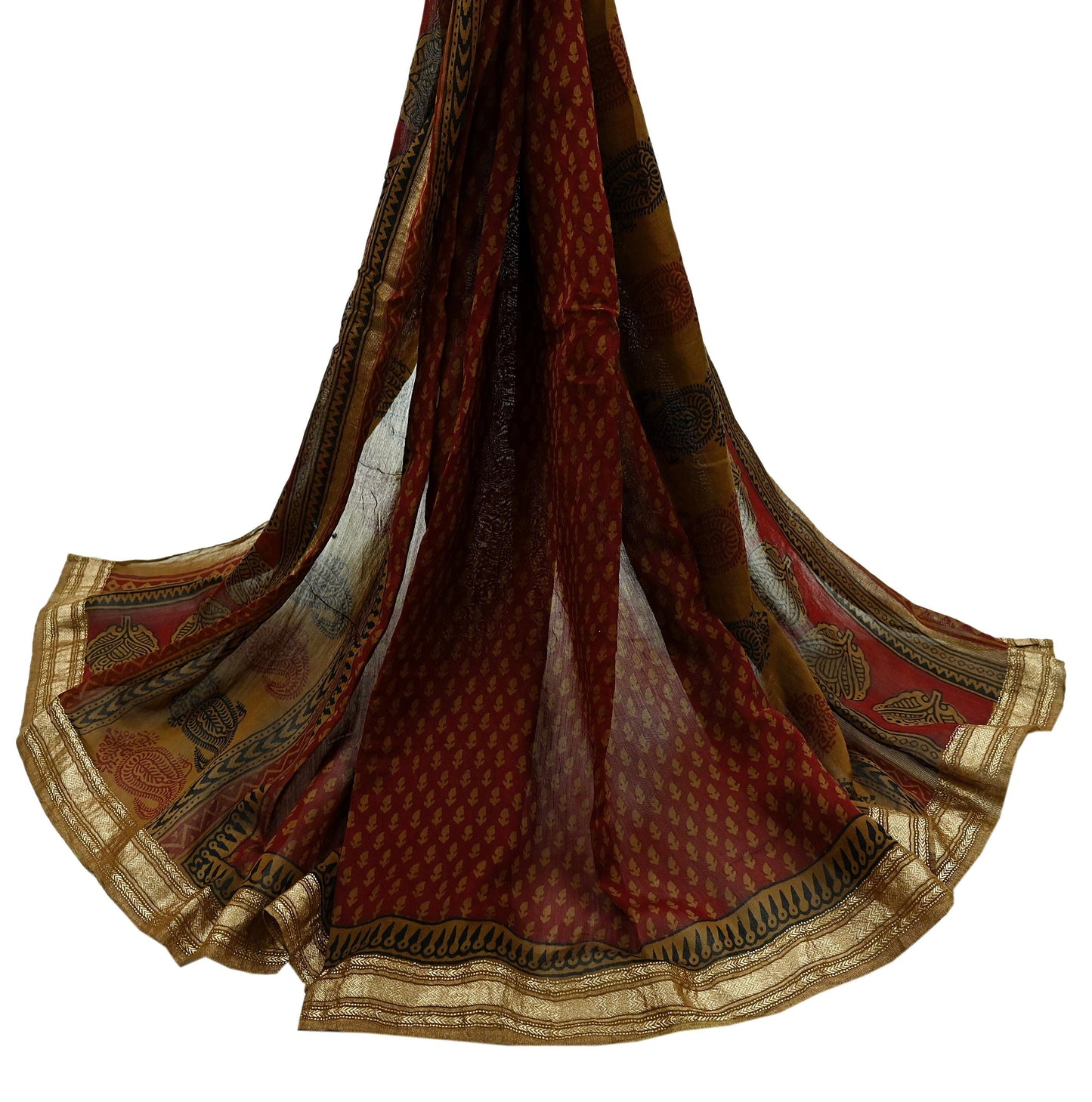Indian Vintage Maroon Dupatta Long Stole Block Print Pure Chanderi Silk Scarves Veil Floral Design Upcycle Party wear hijab Zari Border