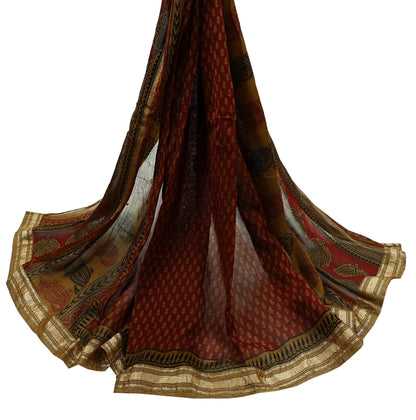 Indian Vintage Maroon Dupatta Long Stole Block Print Pure Chanderi Silk Scarves Veil Floral Design Upcycle Party wear hijab Zari Border
