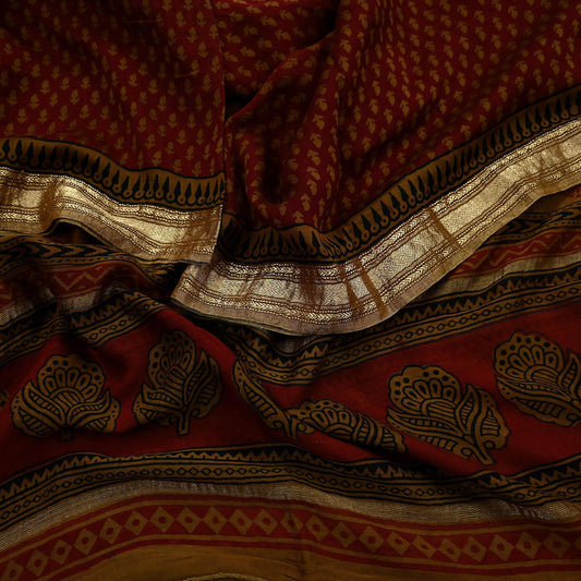 Indian Vintage Maroon Dupatta Long Stole Block Print Pure Chanderi Silk Scarves Veil Floral Design Upcycle Party wear hijab Zari Border