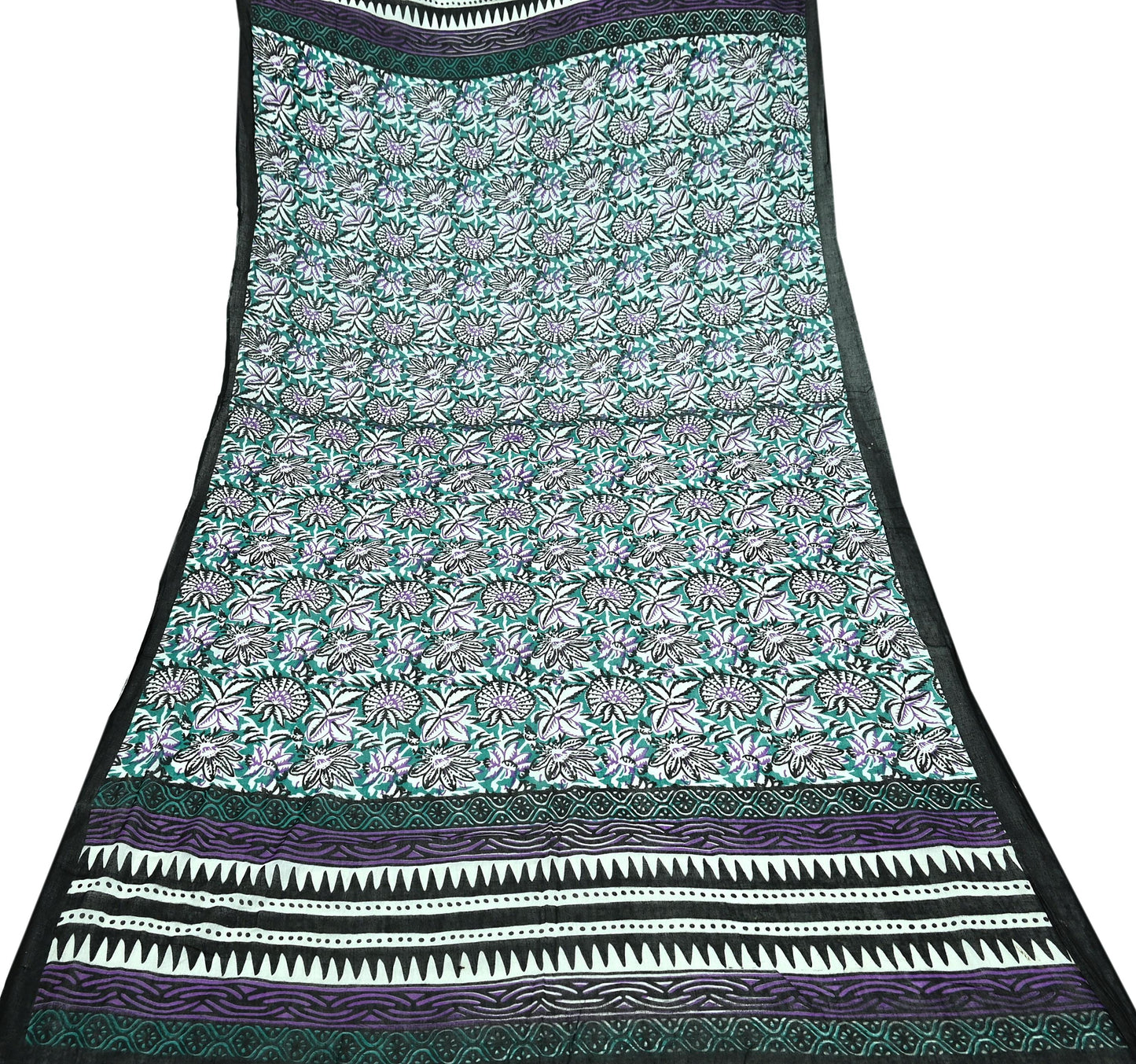 Indian Vintage Dupatta Black & Green Long Stole Block Print Pure Cotton Scarves Scarf Veil Wrap Boho Soft Floral Design