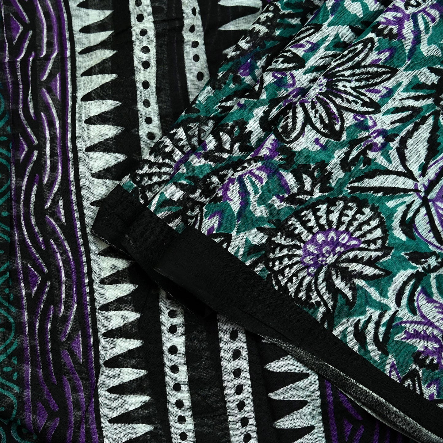 Indian Vintage Dupatta Black & Green Long Stole Block Print Pure Cotton Scarves Scarf Veil Wrap Boho Soft Floral Design