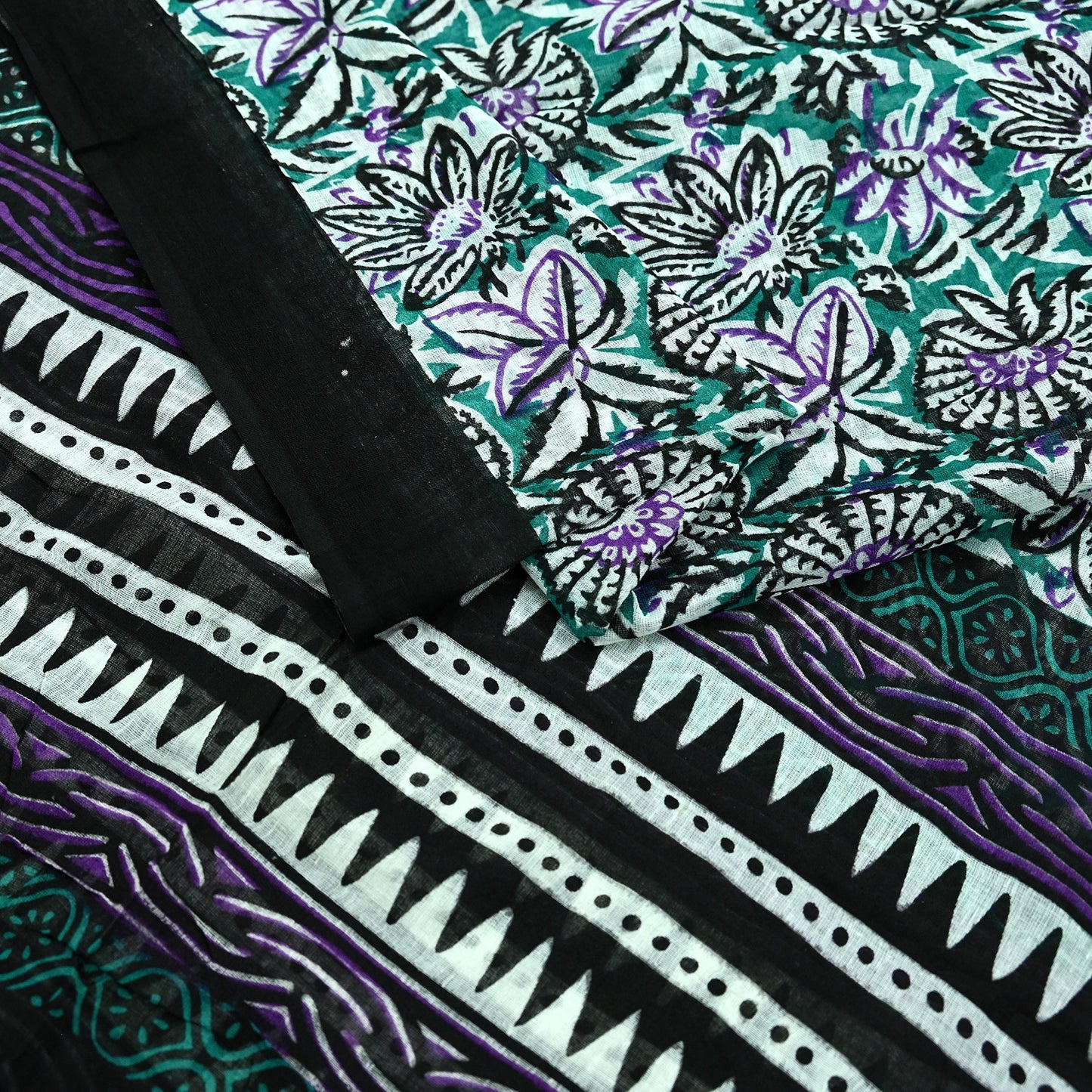 Indian Vintage Dupatta Black & Green Long Stole Block Print Pure Cotton Scarves Scarf Veil Wrap Boho Soft Floral Design