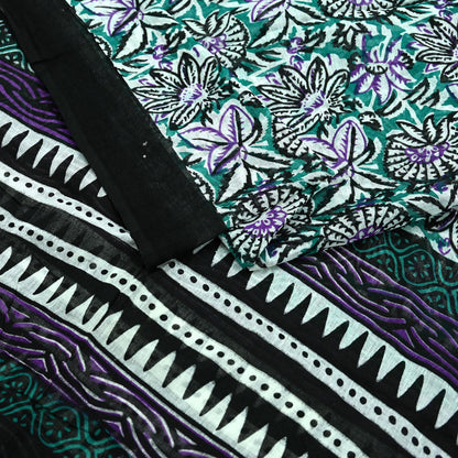 Indian Vintage Dupatta Black & Green Long Stole Block Print Pure Cotton Scarves Scarf Veil Wrap Boho Soft Floral Design