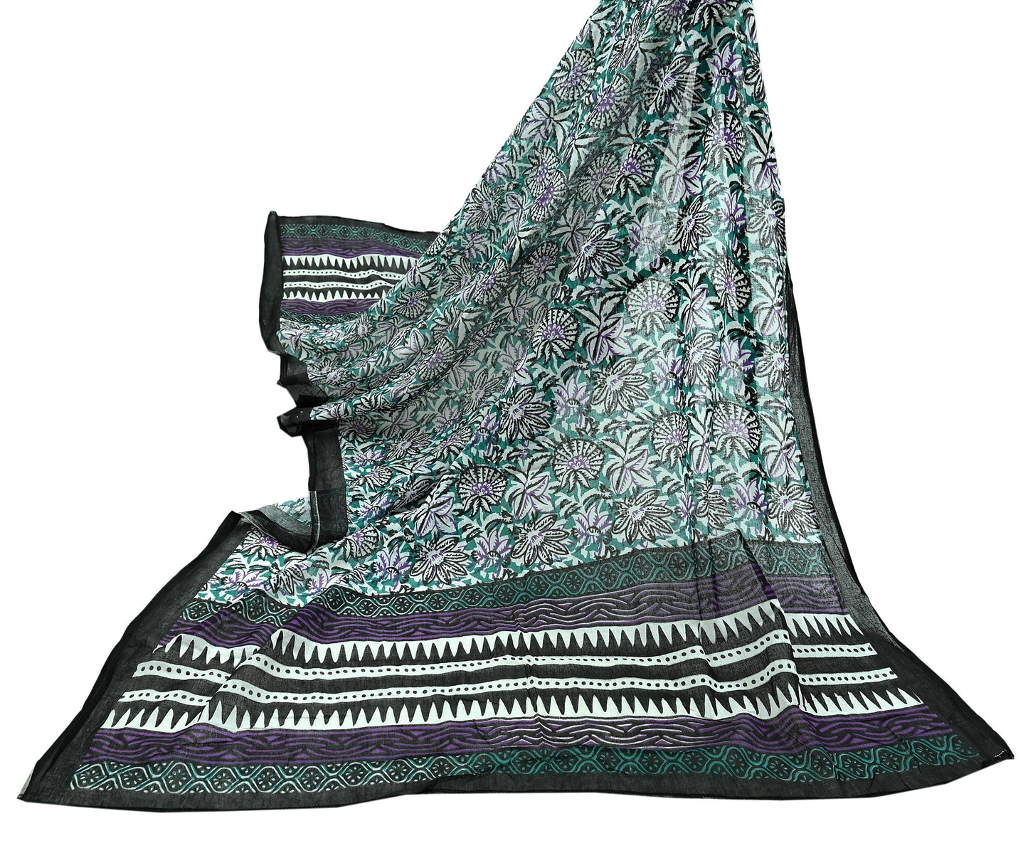 Indian Vintage Dupatta Black & Green Long Stole Block Print Pure Cotton Scarves Scarf Veil Wrap Boho Soft Floral Design