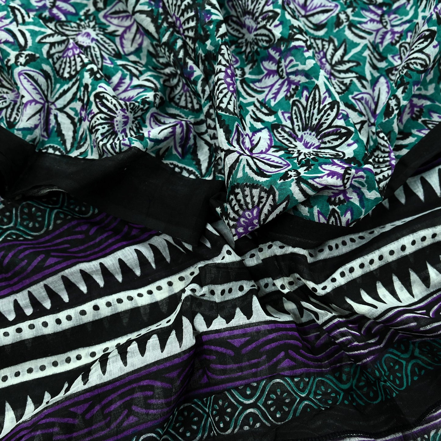 Indian Vintage Dupatta Black & Green Long Stole Block Print Pure Cotton Scarves Scarf Veil Wrap Boho Soft Floral Design