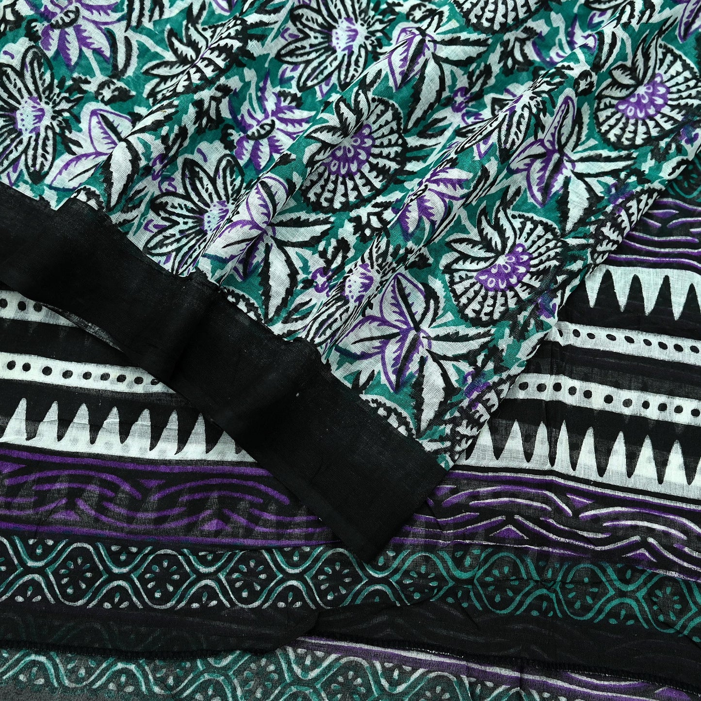 Indian Vintage Dupatta Black & Green Long Stole Block Print Pure Cotton Scarves Scarf Veil Wrap Boho Soft Floral Design