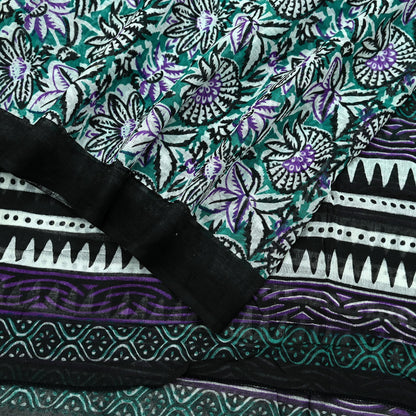 Indian Vintage Dupatta Black & Green Long Stole Block Print Pure Cotton Scarves Scarf Veil Wrap Boho Soft Floral Design