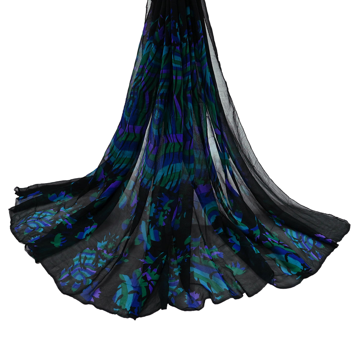 Indian Vintage Dupatta Black Long Stole Hand Beaded Printed Pure Georgette Silk Scarves Veil Wrap Soft Floral