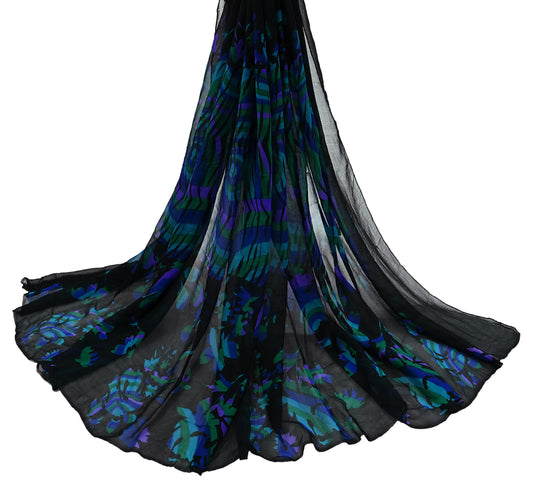 Indian Vintage Dupatta Black Long Stole Hand Beaded Printed Pure Georgette Silk Scarves Veil Wrap Soft Floral