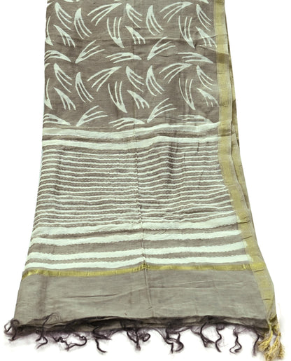 Indian Vintage Brown Dupatta Long Stole Block Print Pure Chanderi Silk Scarves Veil Floral Design Upcycle Party wear hijab Zari Border