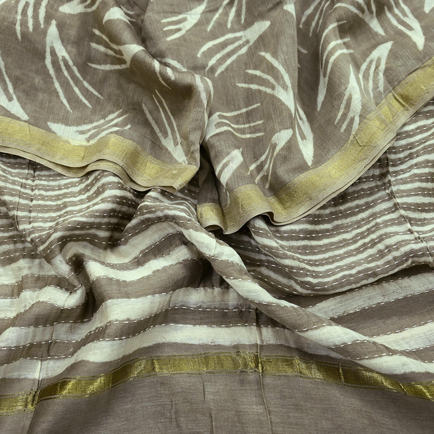 Indian Vintage Brown Dupatta Long Stole Block Print Pure Chanderi Silk Scarves Veil Floral Design Upcycle Party wear hijab Zari Border
