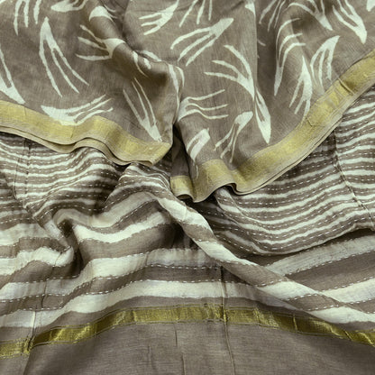 Indian Vintage Brown Dupatta Long Stole Block Print Pure Chanderi Silk Scarves Veil Floral Design Upcycle Party wear hijab Zari Border