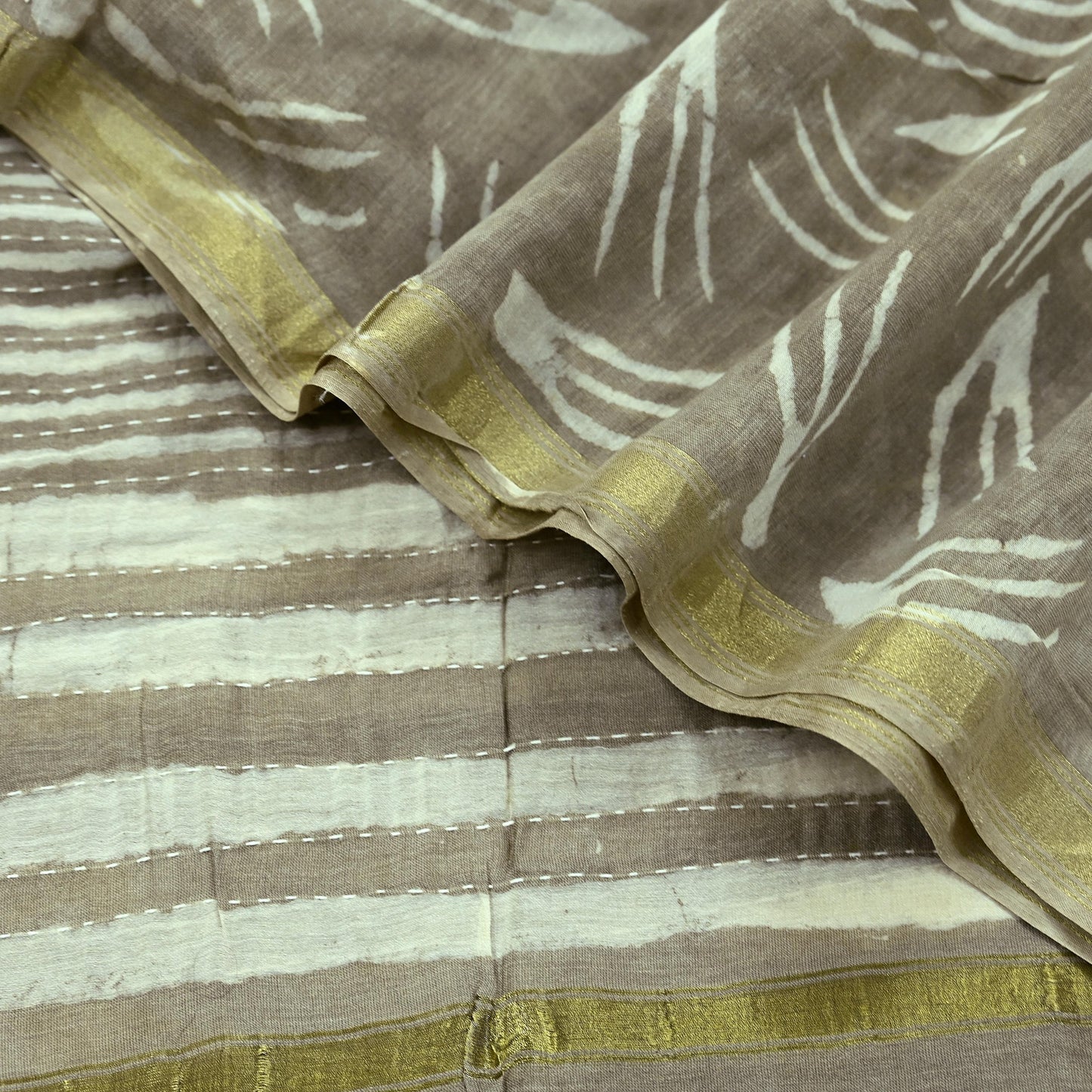 Indian Vintage Brown Dupatta Long Stole Block Print Pure Chanderi Silk Scarves Veil Floral Design Upcycle Party wear hijab Zari Border