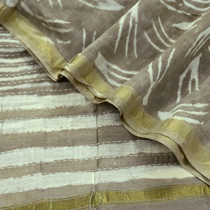 Indian Vintage Brown Dupatta Long Stole Block Print Pure Chanderi Silk Scarves Veil Floral Design Upcycle Party wear hijab Zari Border