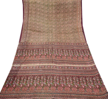 Indian Vintage Sari Brown 100% Pure Cotton Printed Sarees 5Yd Craft Fabric Sewing Soft Sarong Wrap Boho Quilting Upcycle Dress Making Used