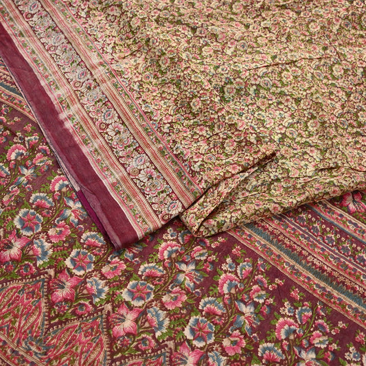 Indian Vintage Sari Brown 100% Pure Cotton Printed Sarees 5Yd Craft Fabric Sewing Soft Sarong Wrap Boho Quilting Upcycle Dress Making Used