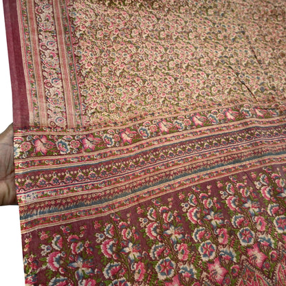 Indian Vintage Sari Brown 100% Pure Cotton Printed Sarees 5Yd Craft Fabric Sewing Soft Sarong Wrap Boho Quilting Upcycle Dress Making Used