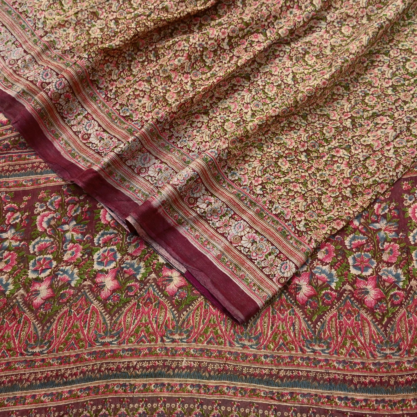 Indian Vintage Sari Brown 100% Pure Cotton Printed Sarees 5Yd Craft Fabric Sewing Soft Sarong Wrap Boho Quilting Upcycle Dress Making Used