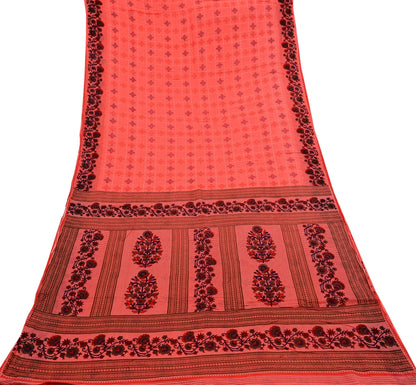 Indian Vintage Sari Peach Printed 100% Pure Cotton Sarees Craft Fabric Soft 5Yd Sewing Sarong Wrap Boho Floral Quilting Crafting