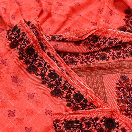 Indian Vintage Sari Peach Printed 100% Pure Cotton Sarees Craft Fabric Soft 5Yd Sewing Sarong Wrap Boho Floral Quilting Crafting