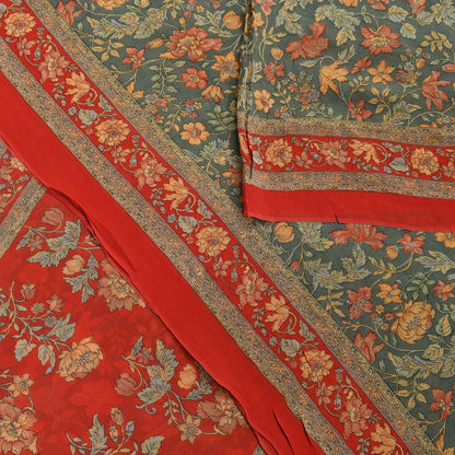 Women Vintage Sari Red & Green 100% Pure Georgette Silk Printed Saree Craft Fabric Sewing 5Yard Soft Sari Dress Making