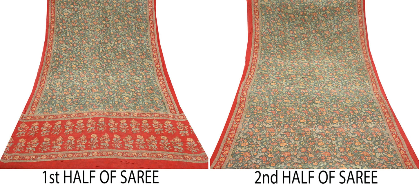 Women Vintage Sari Red & Green 100% Pure Georgette Silk Printed Saree Craft Fabric Sewing 5Yard Soft Sari Dress Making