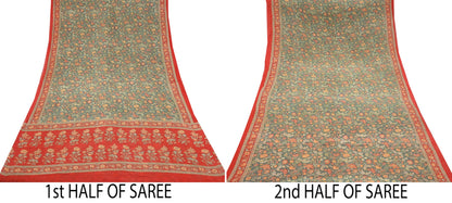 Women Vintage Sari Red & Green 100% Pure Georgette Silk Printed Saree Craft Fabric Sewing 5Yard Soft Sari Dress Making