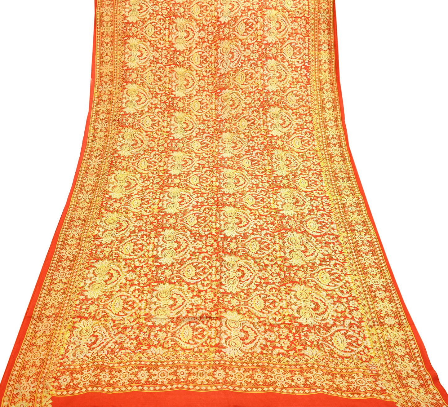 Indian Vintage Sari Orange 100% Pure Silk Block Printed Saree Fabric 5yd Sewing Craft Fabric DressMaking Soft Wrap For Crafting Quilting