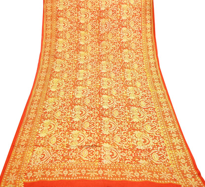 Indian Vintage Sari Orange 100% Pure Silk Block Printed Saree Fabric 5yd Sewing Craft Fabric DressMaking Soft Wrap For Crafting Quilting