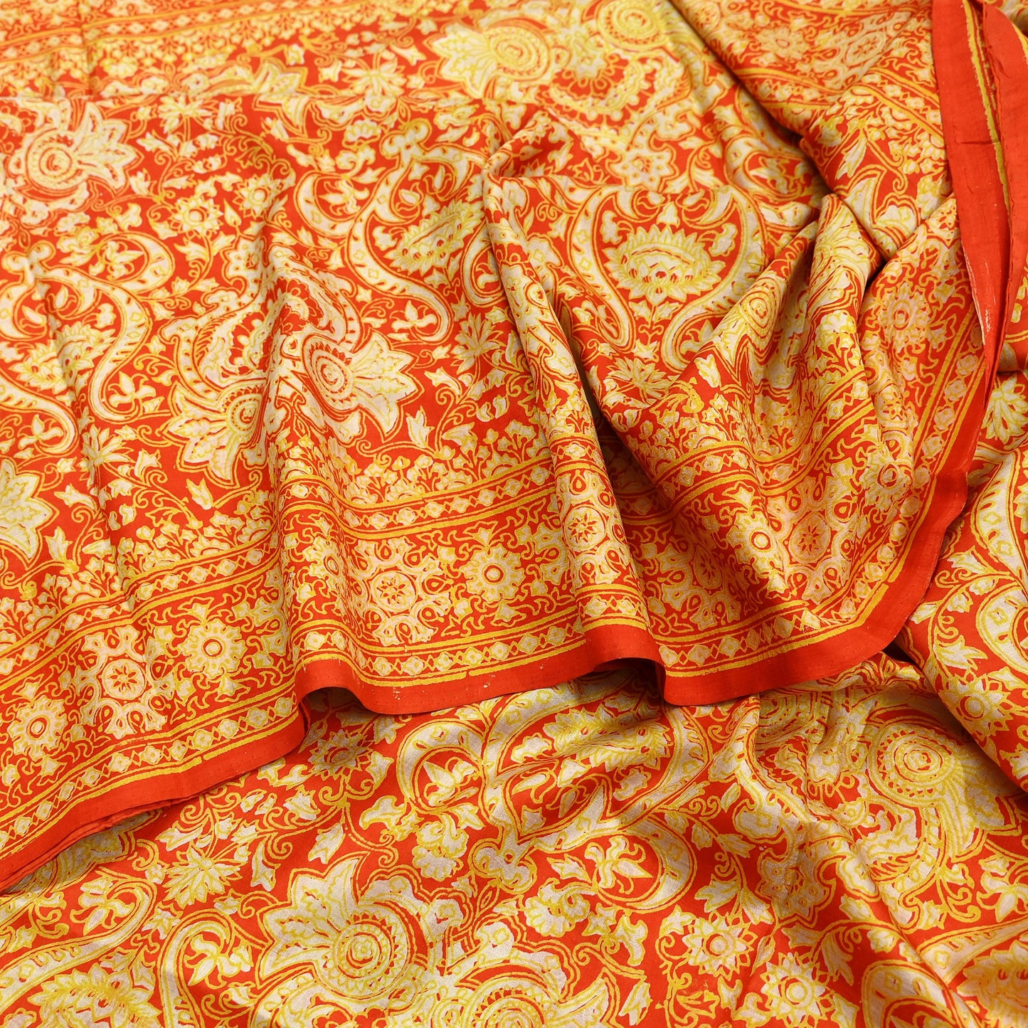 Indian Vintage Sari Orange 100% Pure Silk Block Printed Saree Fabric 5yd Sewing Craft Fabric DressMaking Soft Wrap For Crafting Quilting