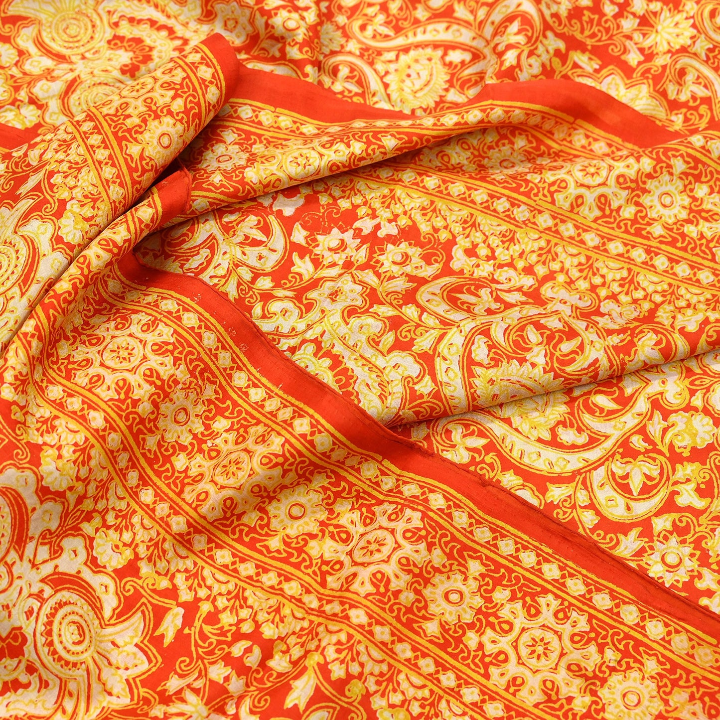 Indian Vintage Sari Orange 100% Pure Silk Block Printed Saree Fabric 5yd Sewing Craft Fabric DressMaking Soft Wrap For Crafting Quilting