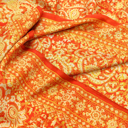 Indian Vintage Sari Orange 100% Pure Silk Block Printed Saree Fabric 5yd Sewing Craft Fabric DressMaking Soft Wrap For Crafting Quilting