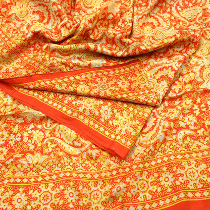 Indian Vintage Sari Orange 100% Pure Silk Block Printed Saree Fabric 5yd Sewing Craft Fabric DressMaking Soft Wrap For Crafting Quilting
