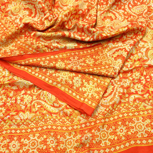 Indian Vintage Sari Orange 100% Pure Silk Block Printed Saree Fabric 5yd Sewing Craft Fabric DressMaking Soft Wrap For Crafting Quilting