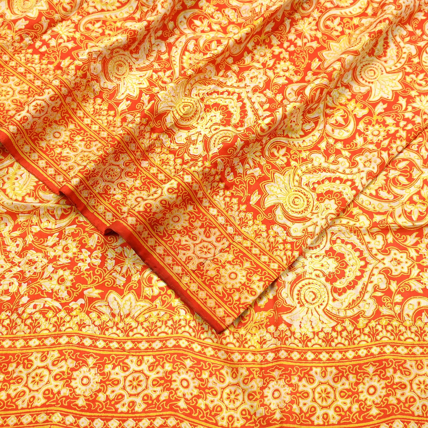 Indian Vintage Sari Orange 100% Pure Silk Block Printed Saree Fabric 5yd Sewing Craft Fabric DressMaking Soft Wrap For Crafting Quilting
