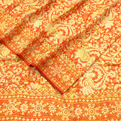 Indian Vintage Sari Orange 100% Pure Silk Block Printed Saree Fabric 5yd Sewing Craft Fabric DressMaking Soft Wrap For Crafting Quilting