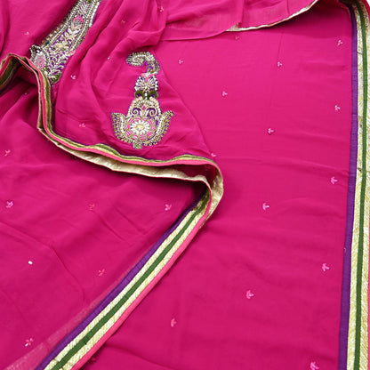 Indian Vintage Heavy Sarees Rani Pink Pure Georgette Silk Hand Embroidered Sari Fabric 5Yd Sewing Ethnic Zardozi/dabka zari With Blouse Pcs