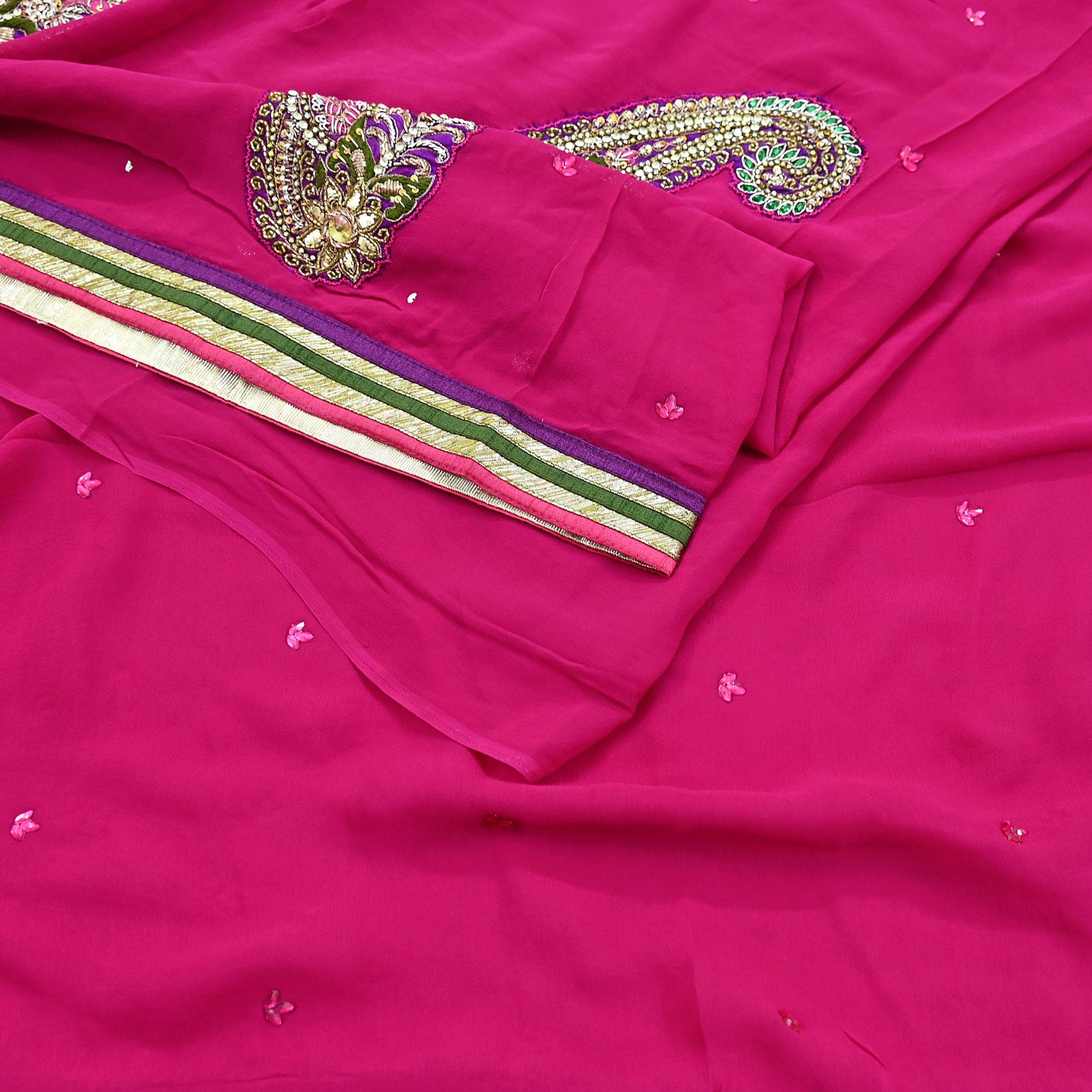 Indian Vintage Heavy Sarees Rani Pink Pure Georgette Silk Hand Embroidered Sari Fabric 5Yd Sewing Ethnic Zardozi/dabka zari With Blouse Pcs