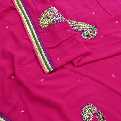 Indian Vintage Heavy Sarees Rani Pink Pure Georgette Silk Hand Embroidered Sari Fabric 5Yd Sewing Ethnic Zardozi/dabka zari With Blouse Pcs